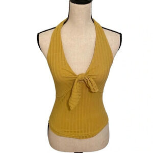 We The Free XS Smocked Back Tie Front Sexy Halter Top Shirt Mustard Yellow Gold